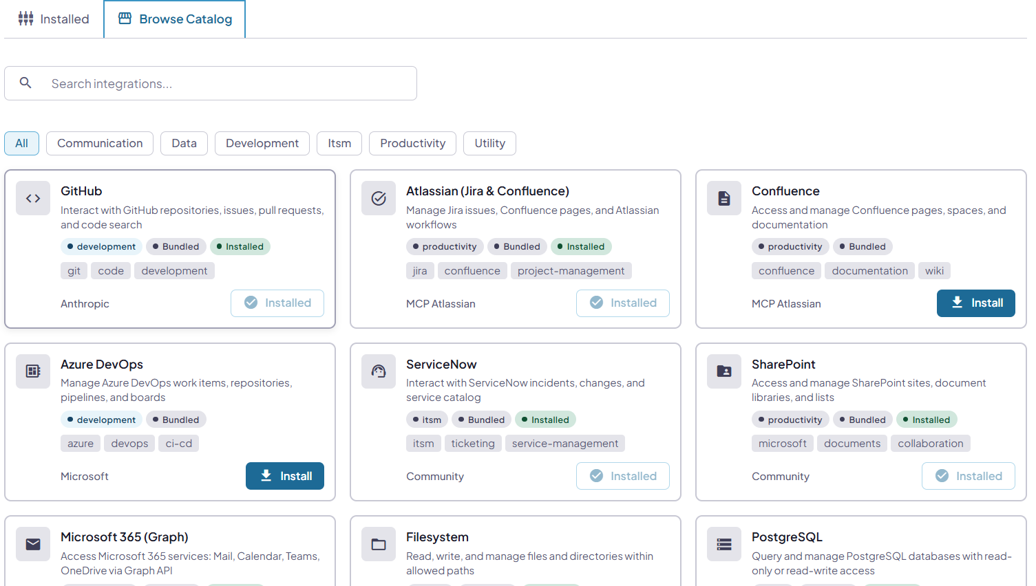Utisha MCP integration catalog showing connectors for GitHub, Jira, Confluence, Azure DevOps, ServiceNow, SharePoint and other enterprise systems